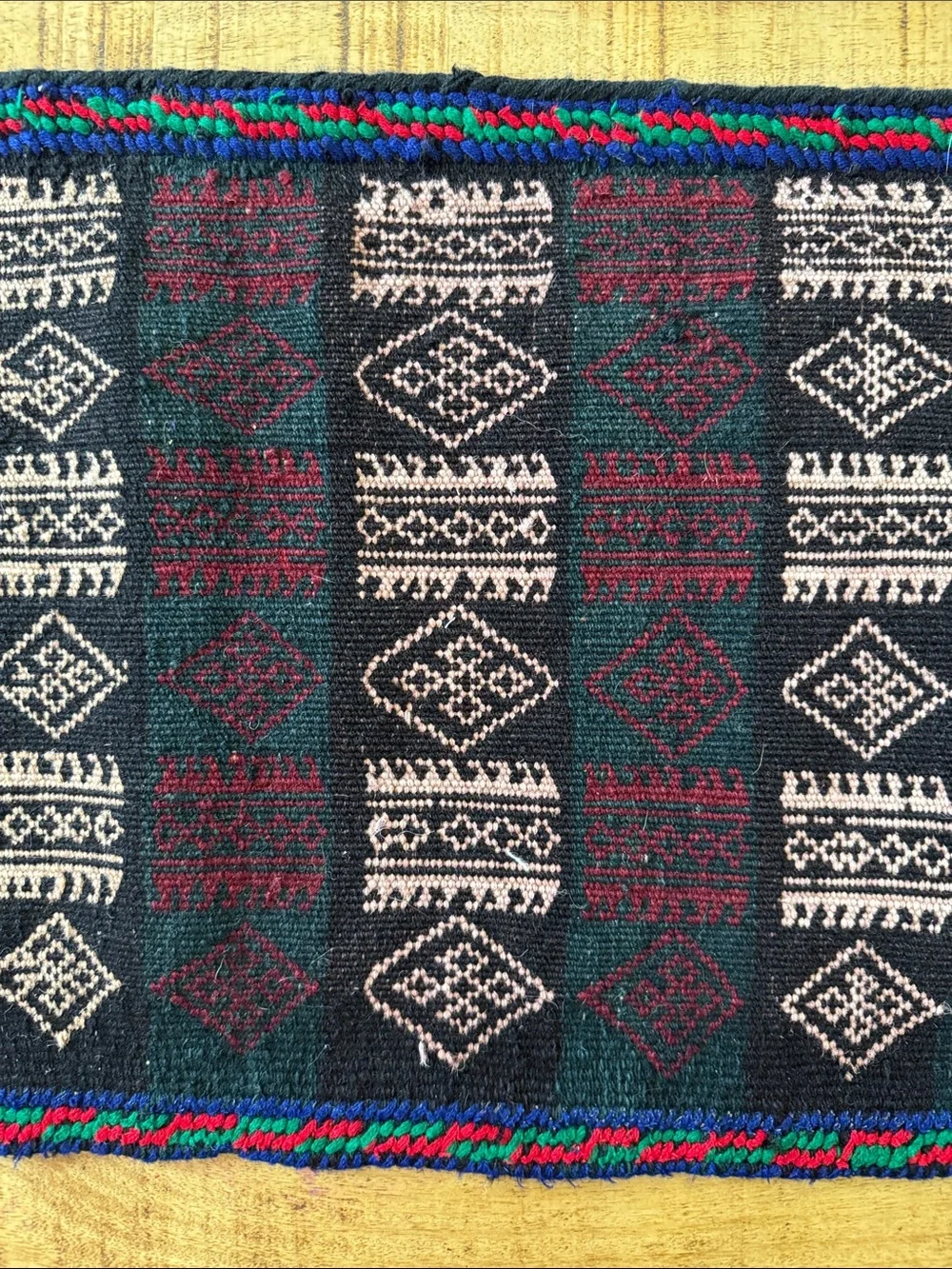Vintage Handwoven Black & Burgundy Geometric tapestry